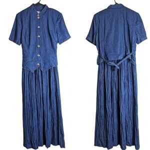 Vintage 90's Maxi Denim Dress Western Studded Accordion Skirt Women's 14